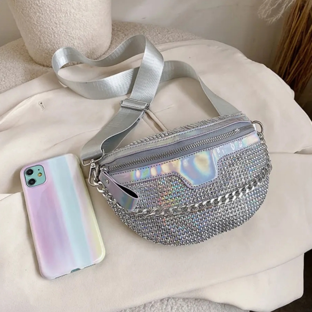 Silver Sparkle Rhinestone Beaded Fanny Pack Glitter Crossbody Belt Bag Purse NWT
